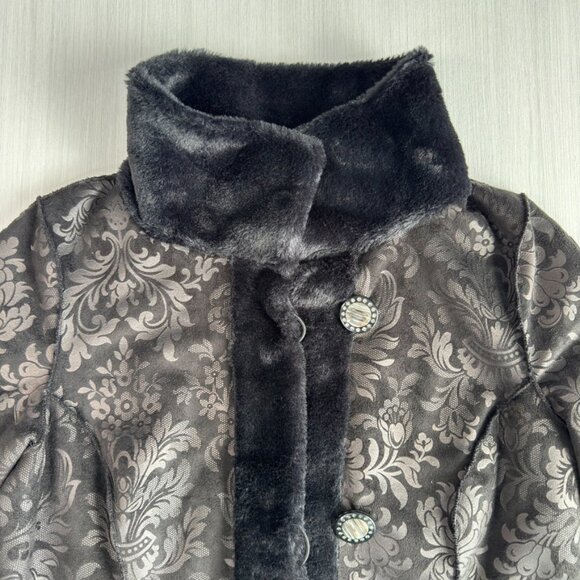 ADELAQUEEN Metallic Jacquard Coat XS Black Reversible Brocade Faux Fur Trim NWOT - Picture 7 of 15